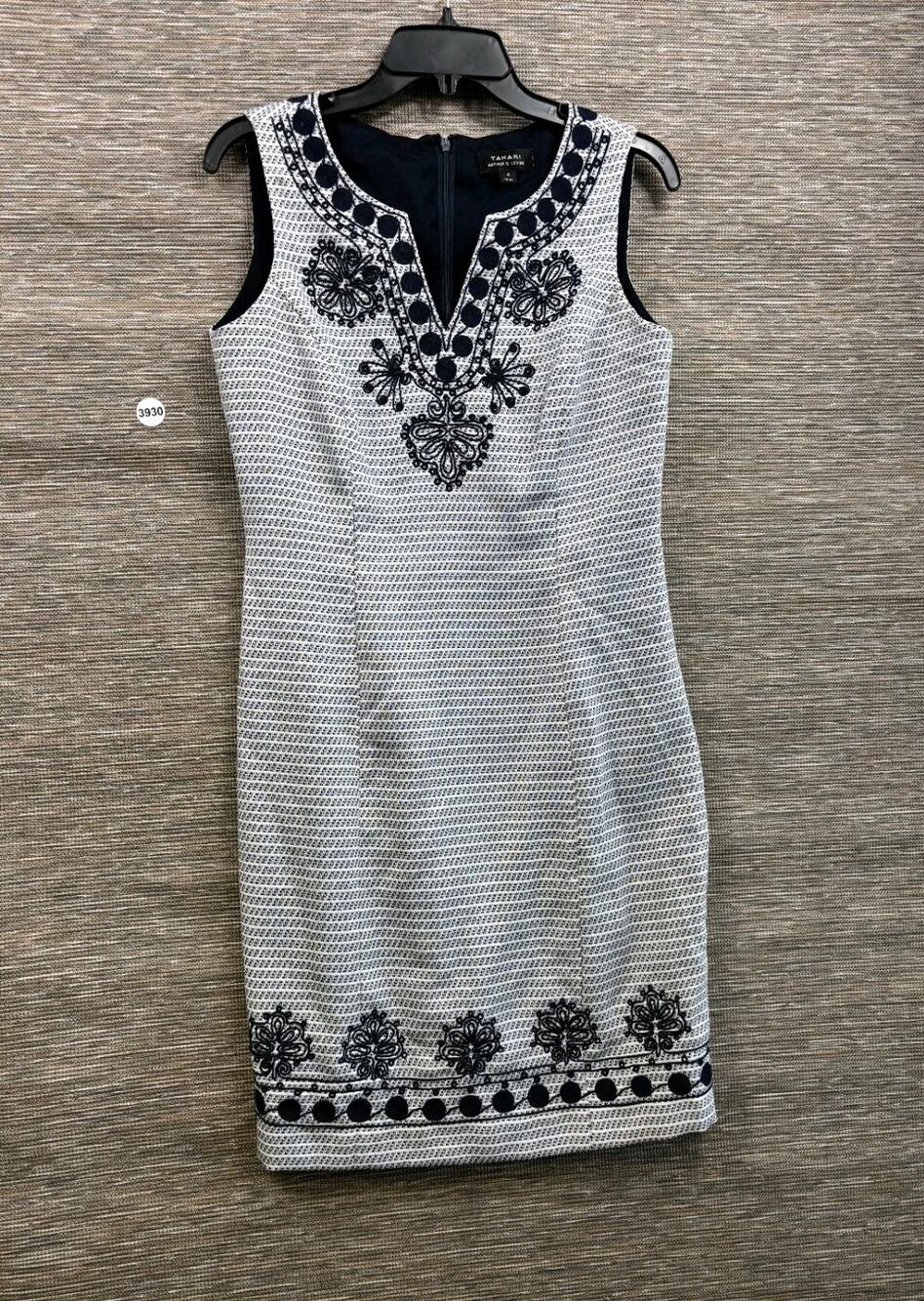 Tahari Embroidered Sheath Dress Womens Size 4 Black White Sleeveless Casual